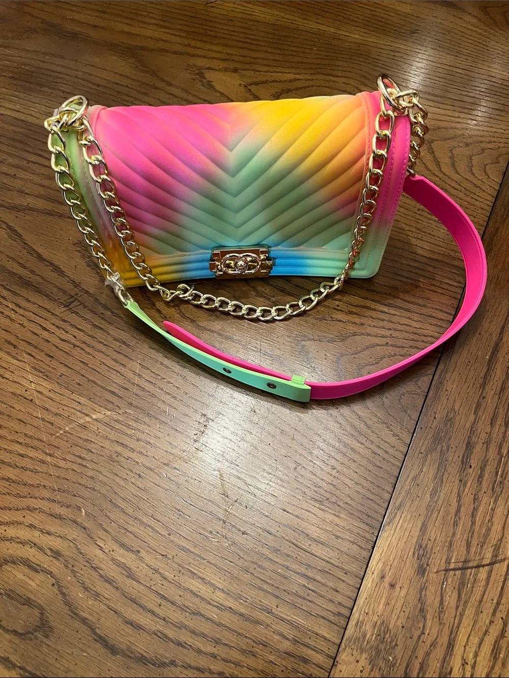 Rainbow Gradient Quilted Jelly Crossbody Bag with Gold Chain